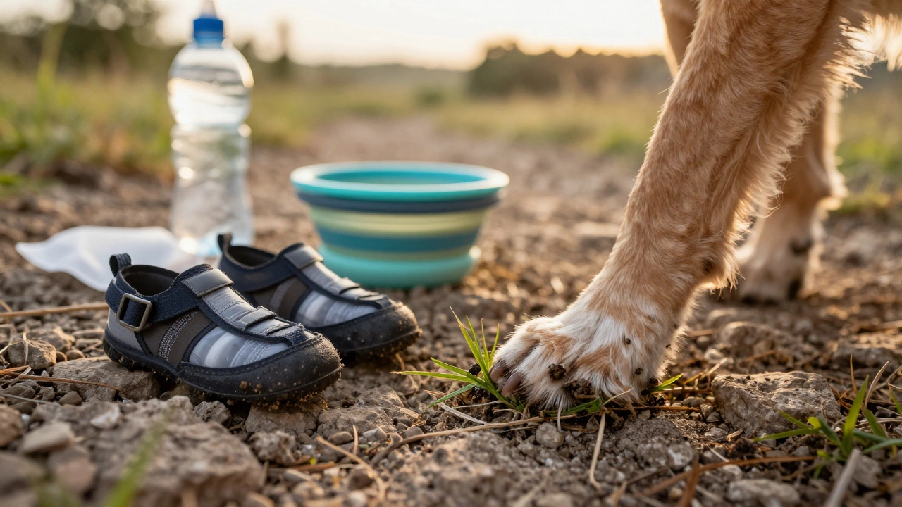 Dog’s muddy paw beside booties and wet wipes on a trail, showing post-hike care.