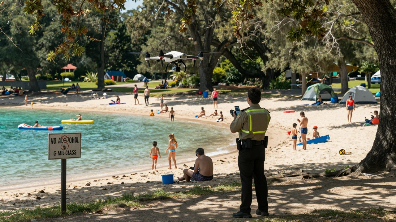 Park ranger operating a drone to monitor swimmers at Lake Fairfax during busy hours.