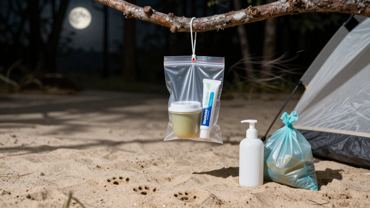 Sealed food container hanging from a tree to keep raccoons away from a tent.