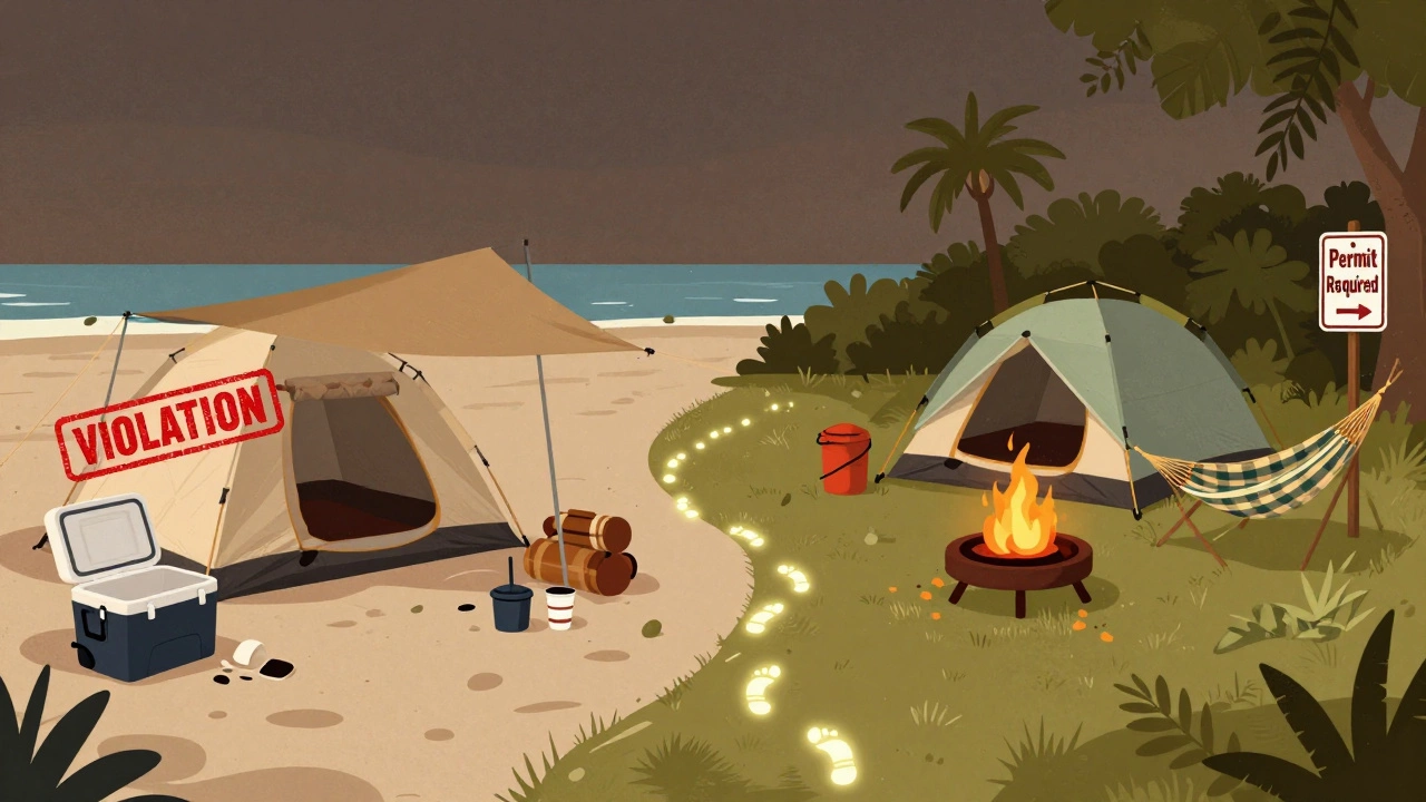 Split image comparing illegal beach camping with a legal state park campsite.