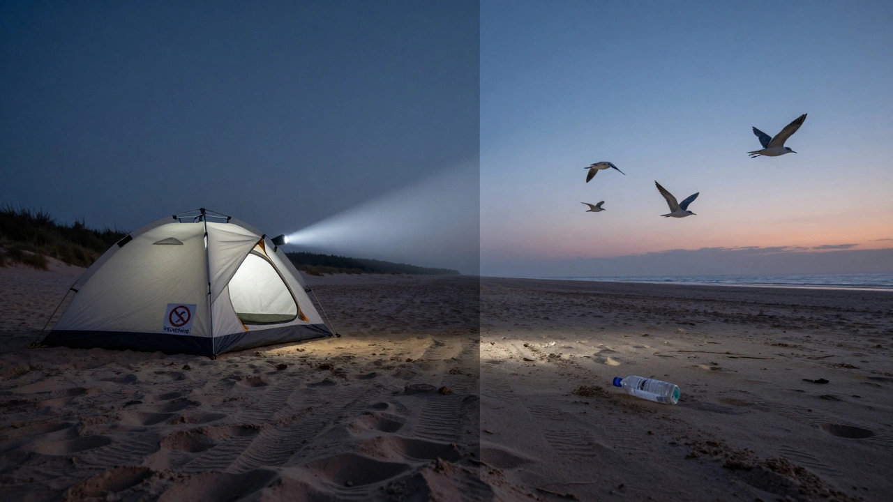 Split image: illegal camping on one side, pristine beach with birds on the other.