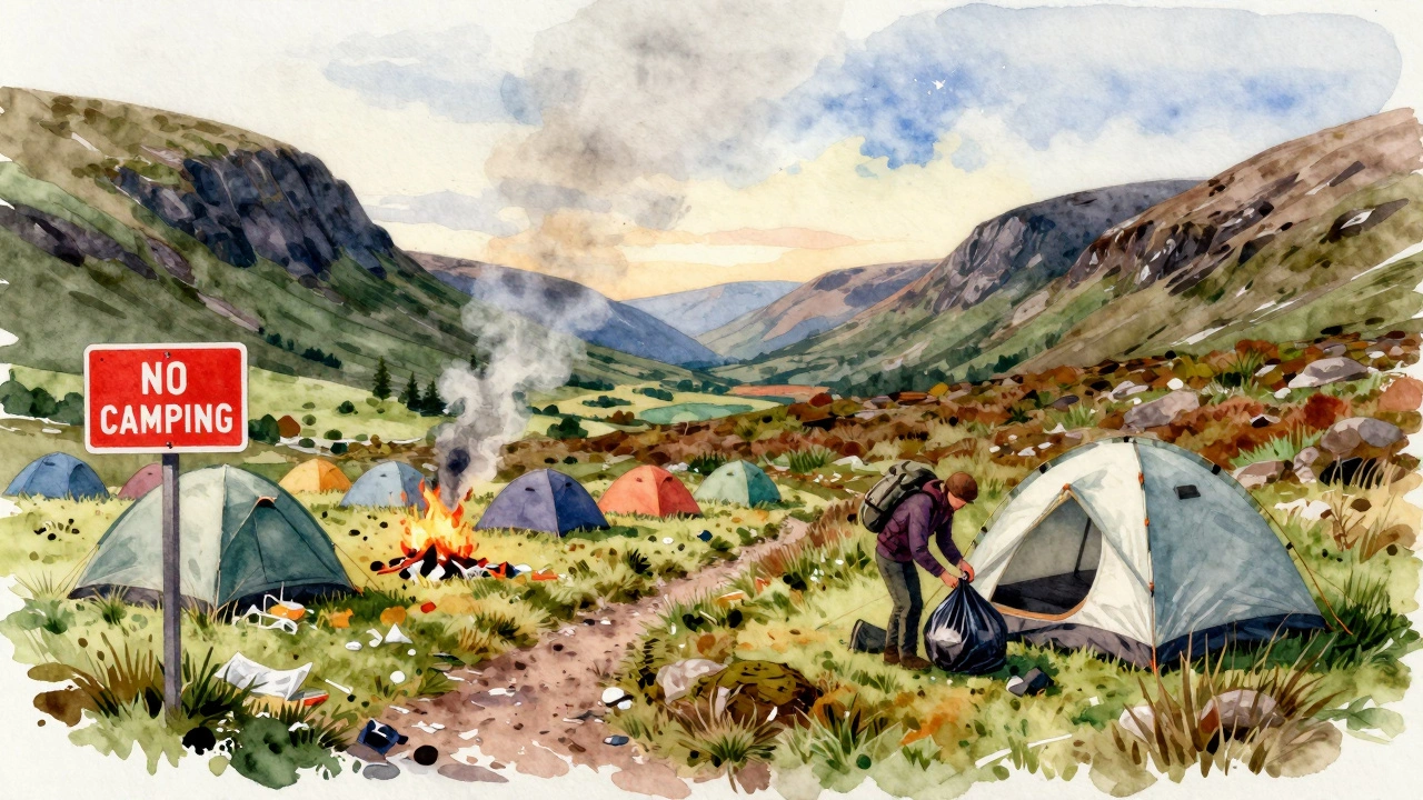 Split scene: chaotic illegal camping on left, quiet responsible tent on right — contrasting misuse and respect for nature.