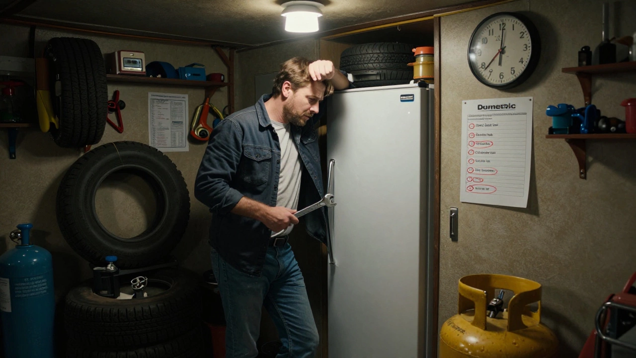 A person in a garage staring at a broken RV fridge, surrounded by tools and maintenance checklists.