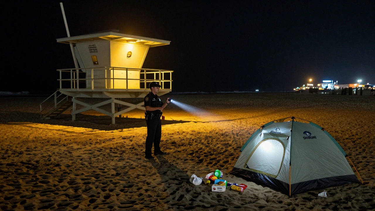A police officer inspecting a Shibumi tent on the beach at night with litter nearby.