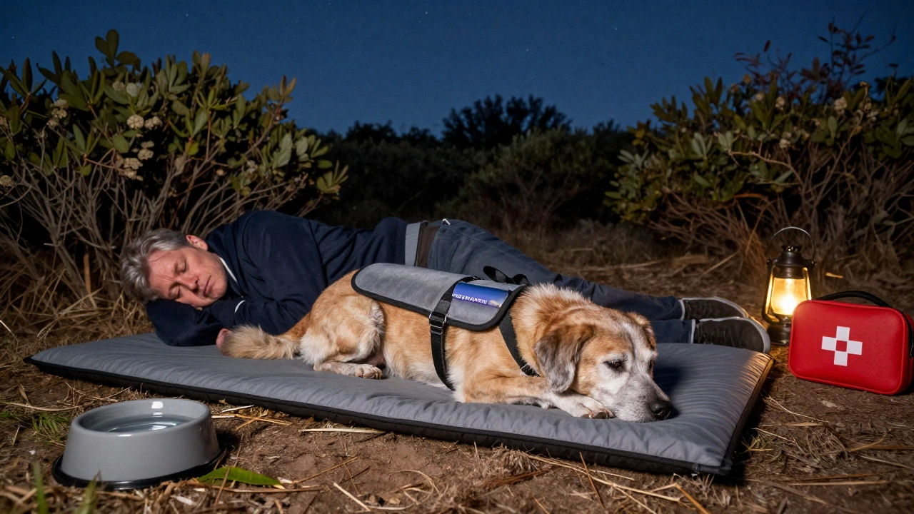 A senior dog rests on an insulated pad beside their owner under starry night sky.