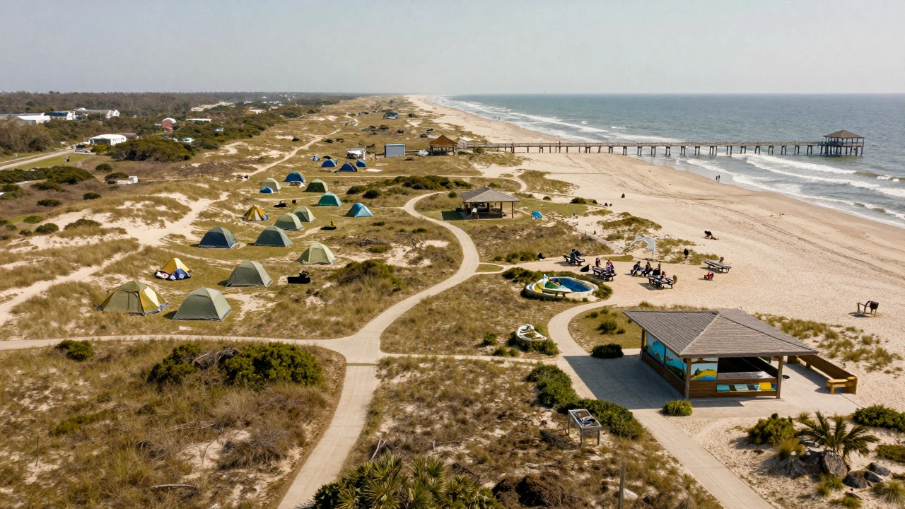 Aerial view of Myrtle Beach State Park showing diverse camping areas and natural features.
