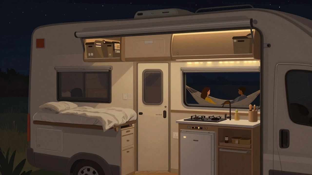 Cozy interior of a Class B motorhome at night with a bed over the cab, small kitchenette, and warm LED lighting.