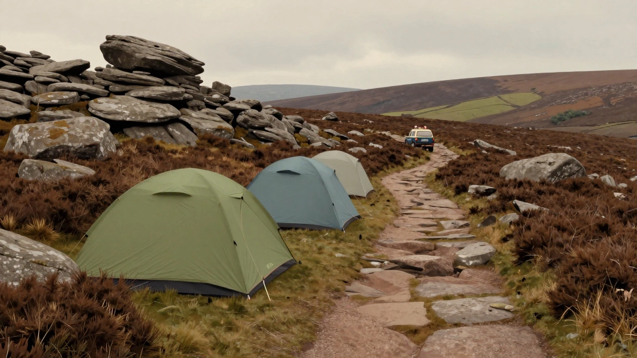 Dartmoor tents 100m from trail with ranger car nearby.