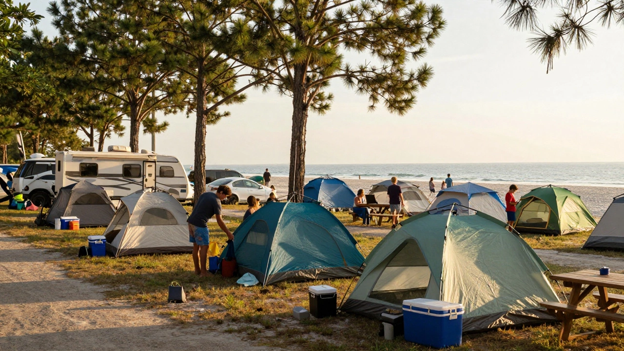Families setting up tents and RVs at Myrtle Beach State Park at sunrise with ocean in background.