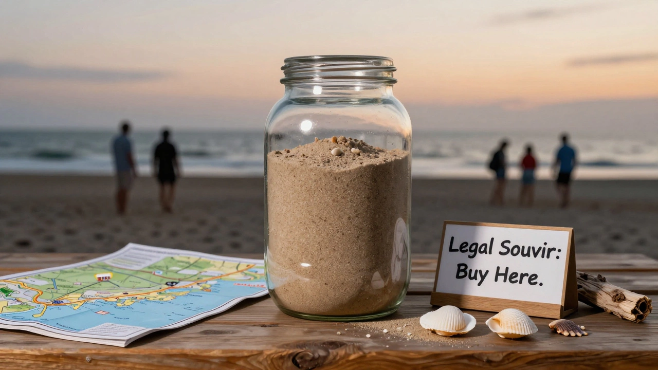 Jar of beach sand beside a map and sign, with people returning sand to the ocean at dusk.