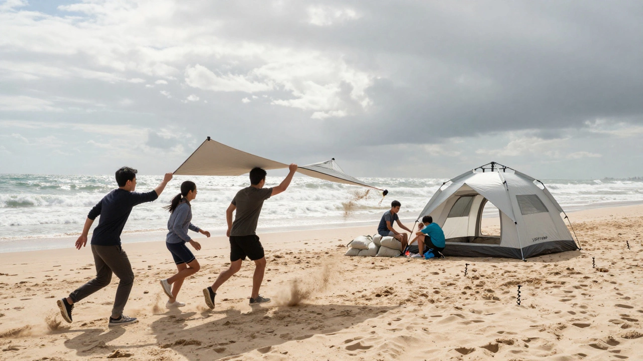 Lightweight canopy being blown away by wind while another family secures their sturdy tent.