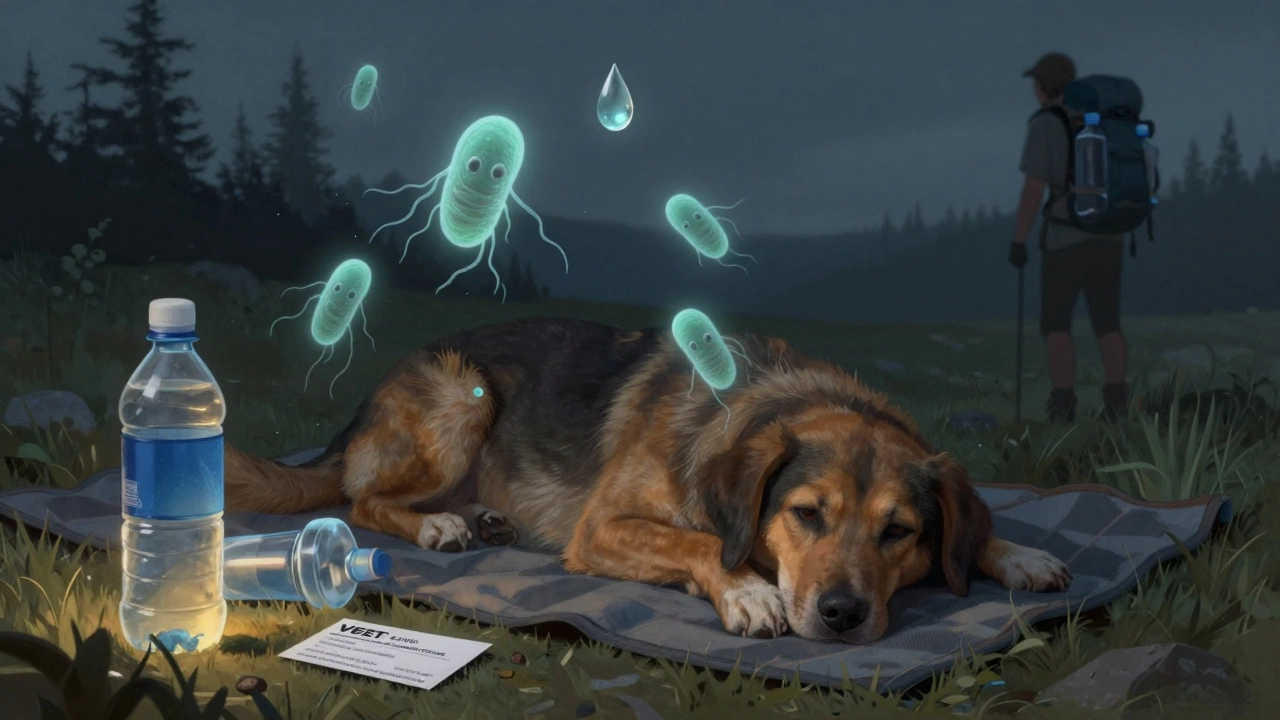 Sick dog with ghostly water contaminants, beside clean water and a vet card.