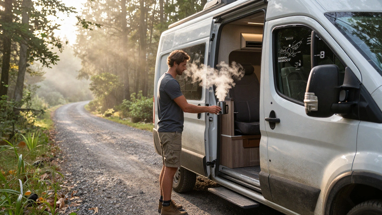 Solo traveler unlocking a Class B motorhome at dawn in a forest, with coffee steaming and hiking gear visible.
