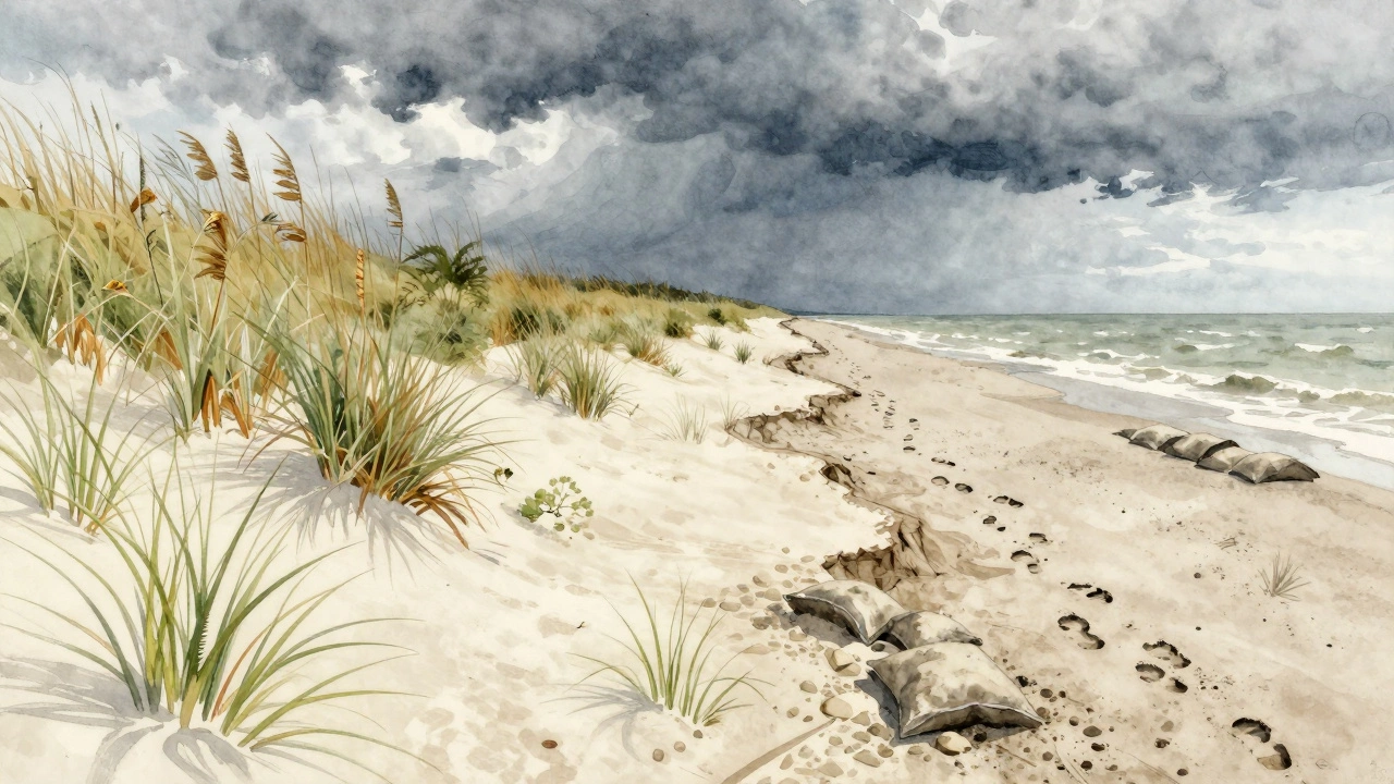 Split illustration showing healthy dunes versus eroded shoreline due to sand removal.