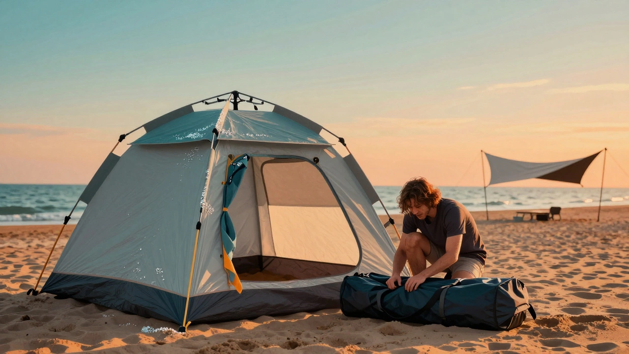 Sunset view of a dismantled beach canopy with salt residue, next to a secure pop-up shelter.