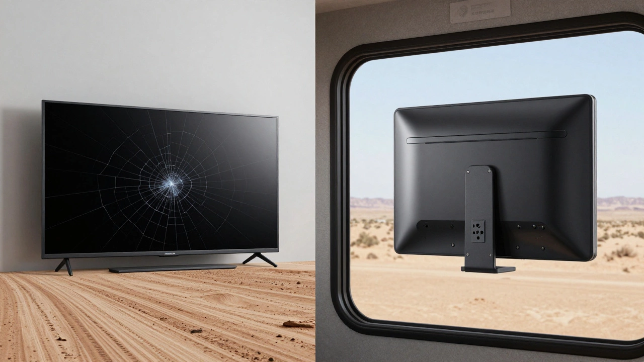 A cracked home TV on a shaky RV mount versus a sturdy RV TV with shock-absorbing brackets during a bumpy drive.