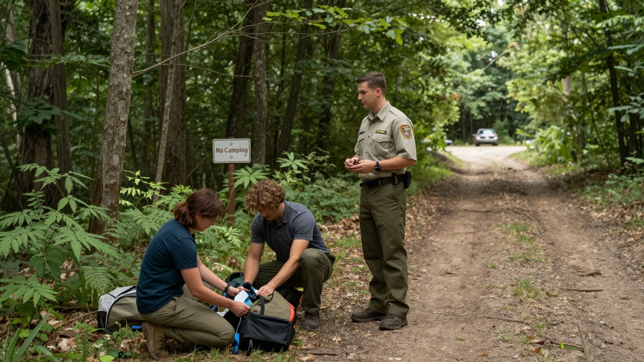 A forest ranger speaking to campers who are packing up near a 'No Camping' sign.