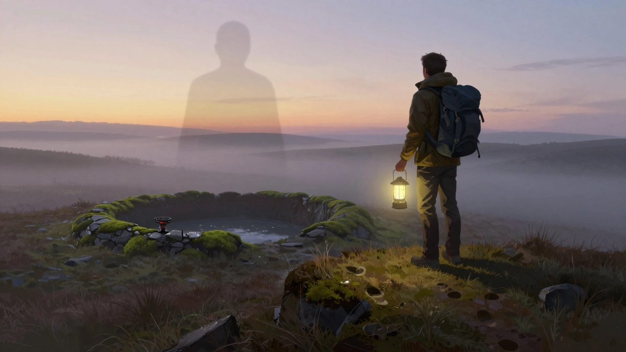 A hiker at dawn holding an LED lantern and stove, walking away from a buried fire ring, symbolizing responsible wild camping.