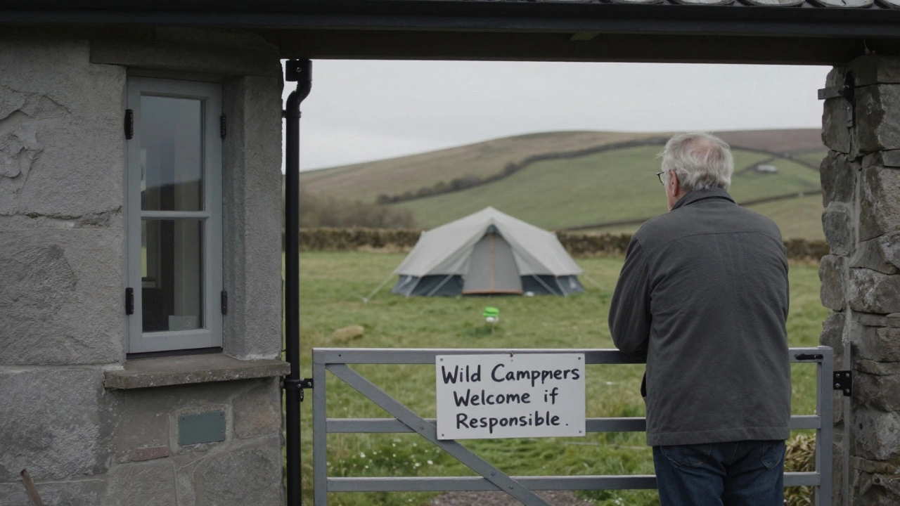 A landowner watching a distant tent from a farmhouse window, no litter or noise, peaceful and respectful.
