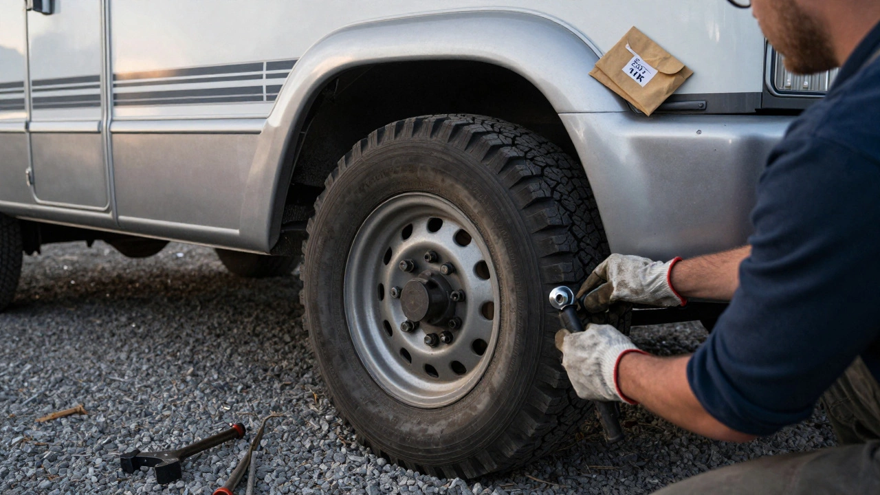 A mechanic replacing an RV tire at dawn with an emergency fund envelope on the hood.