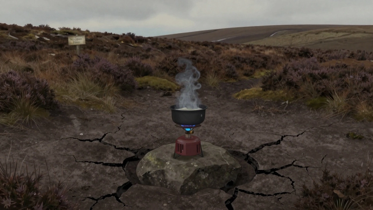 A portable gas stove boiling water on a rocky outcrop in the Peak District, with untouched peat bog and a 'No Open Fires' sign nearby.