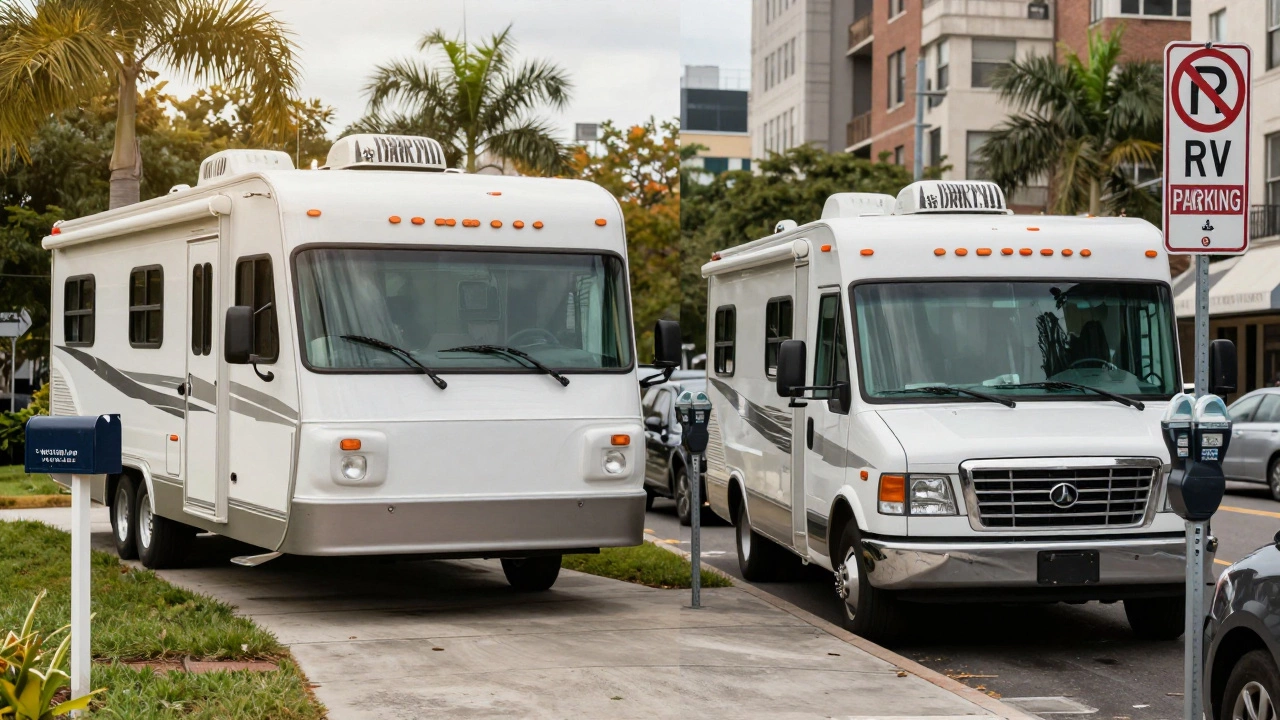 A split image contrasting free RV living in Florida with restrictive urban parking in New York.