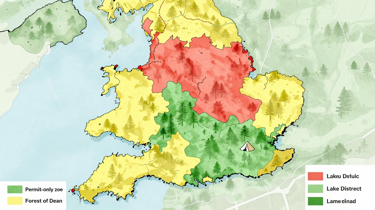 A stylized map of England showing forest areas where wild camping is allowed, prohibited, or permit-required.