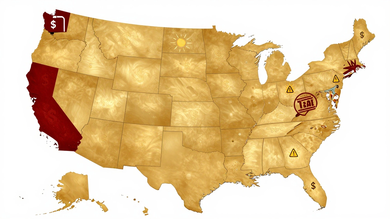 A U.S. map showing tax-friendly RV states in gold and high-cost states in red, with icons representing registration and taxes.