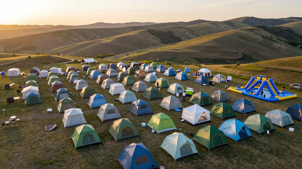 Aerial view of crowded summer campground with colorful tents and playground.