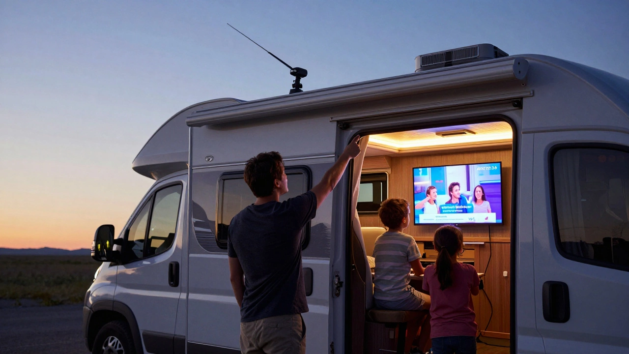 An RV owner adjusting a rooftop antenna at dusk while a TV inside displays free broadcast TV with no internet needed.