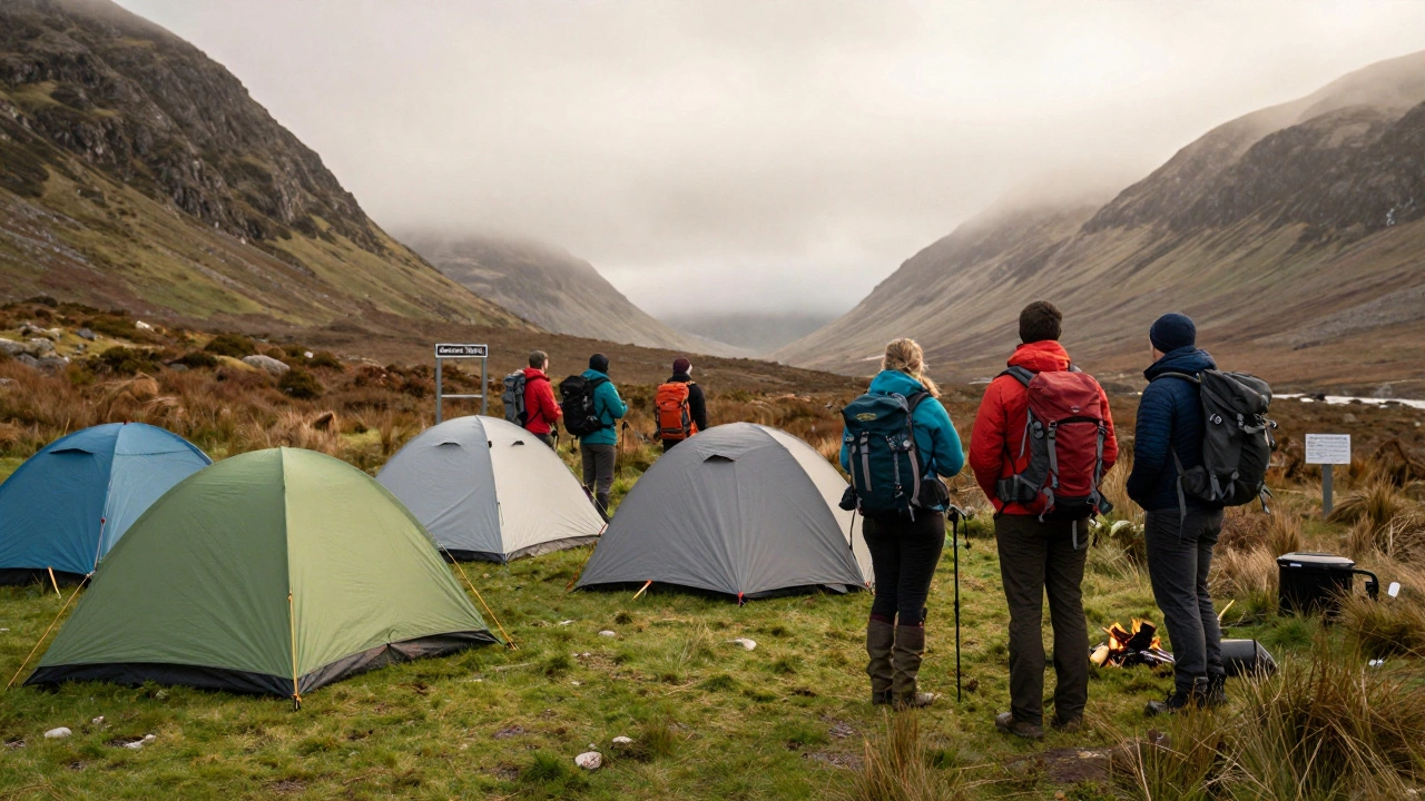 Campers in Scotland following outdoor access rules, standing near tents with misty mountains in the background.