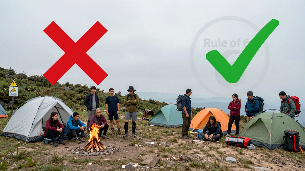 Contrast: left side shows illegal camping with large tent and fire; right side shows compliant group of six with small tents.
