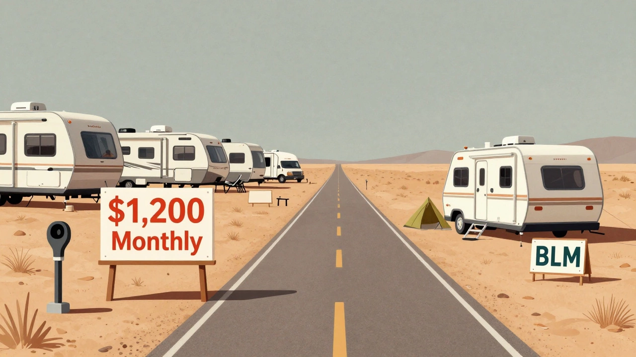 Contrasting image of a costly RV park versus a free public land setup for full-time living.