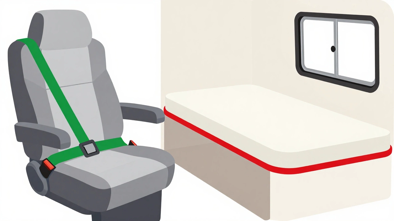 Illustration distinguishing safe belted seats from unsafe sleeping areas in a camper.