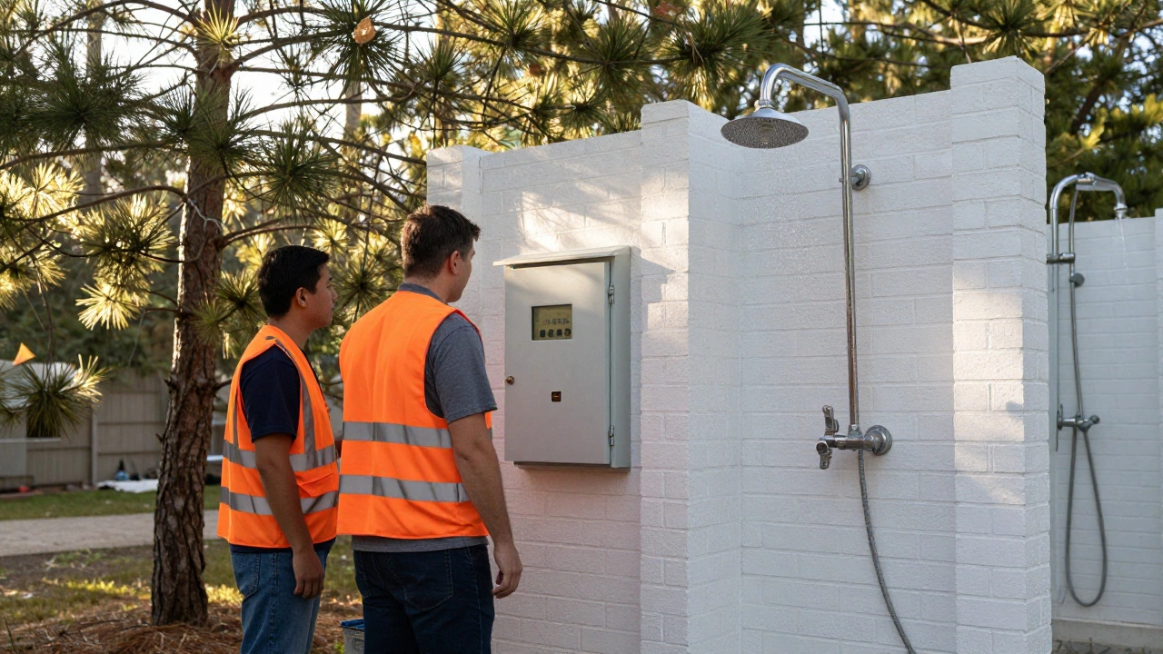 Maintenance workers inspecting electrical panel near campground shower block.