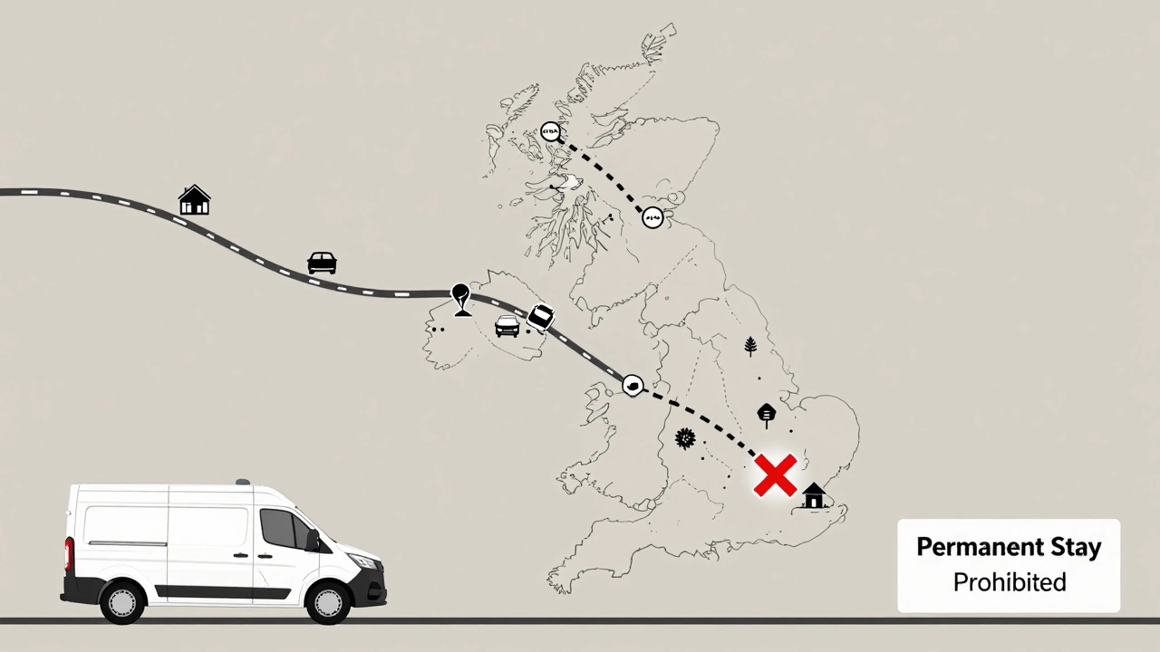 Map showing rotating 28-day campsite stays with a prohibition on permanent residency.