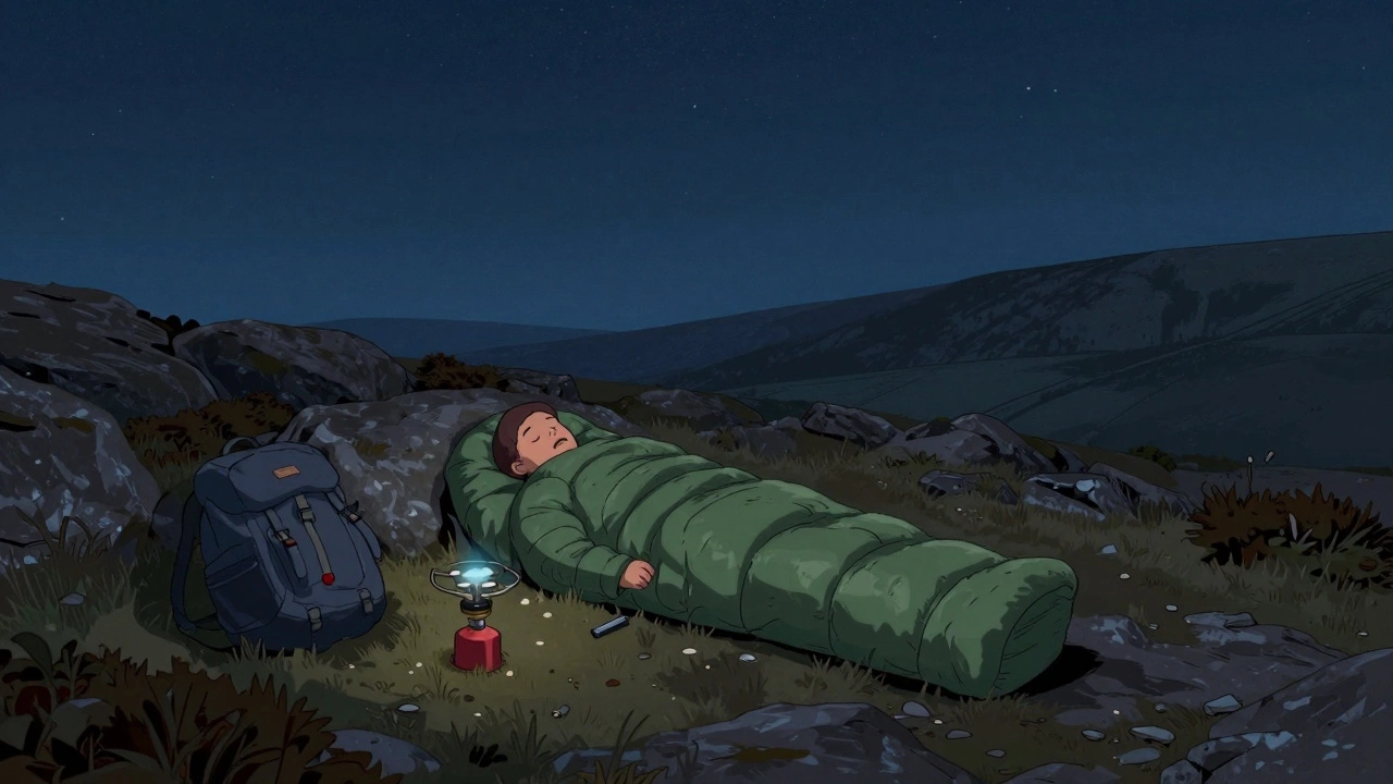 One camper sleeping in a bivy sack under stars on Welsh moorland, no tent, no trace, peaceful night setting.