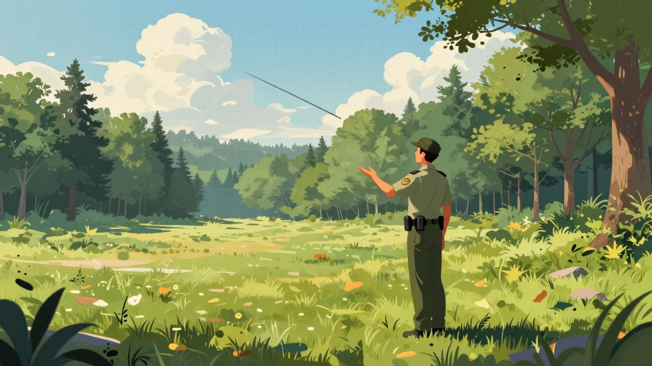 Ranger gesturing at invisible zoning line in meadow