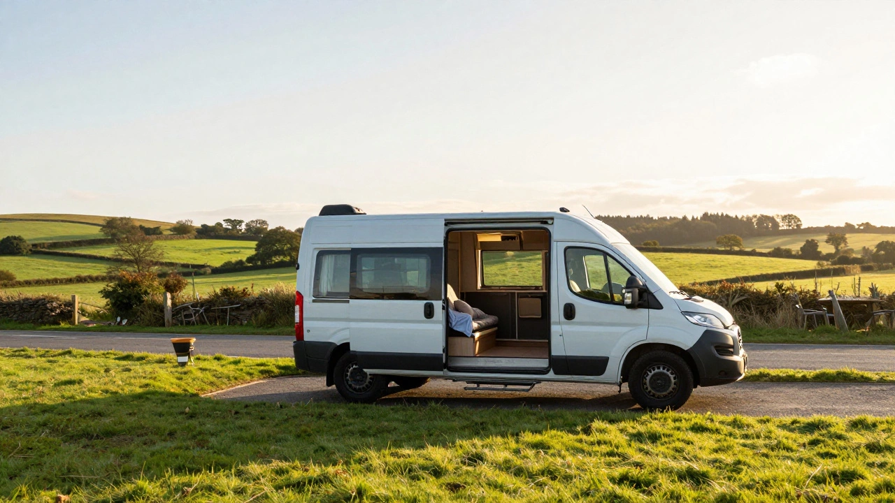RV parked safely at countryside rest stop allowing occupants to rest legally.
