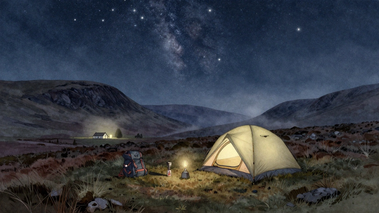 Solo camper pitching a tent under starry skies in the Scottish Highlands.