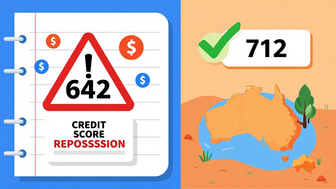 Split-screen comparison of low and high credit scores affecting RV loan approval outcomes.