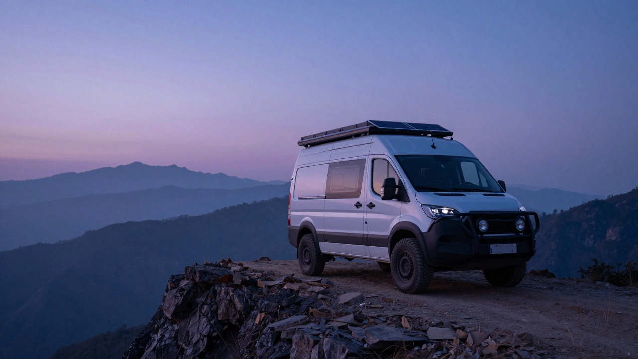 A 4x4 camper van with solar panels parked on a mountain cliff at dawn.