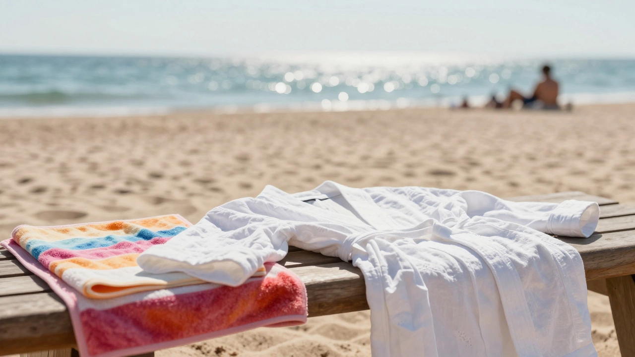 A beach towel and white robe on a wooden bench overlooking a sunny coastline