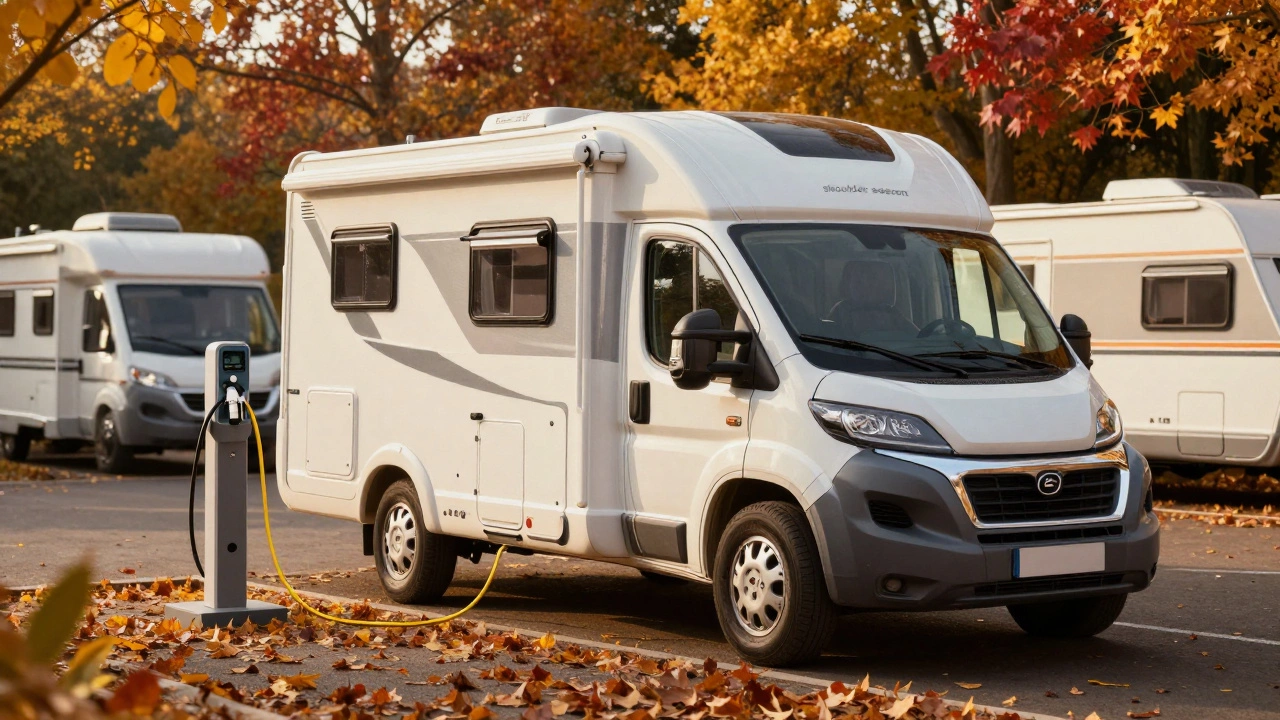 A motorhome at a caravan park during autumn, connected to a power supply point.
