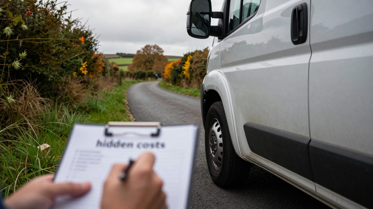 A motorhome parked on a narrow country lane with a hand holding a budgeting checklist.
