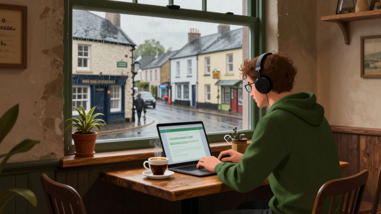 A person working on a laptop in a cozy cafe in Swansea, Wales.
