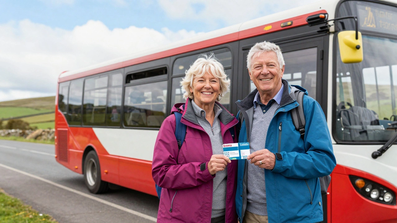 A senior couple smiling next to a Transport for Wales bus in the countryside