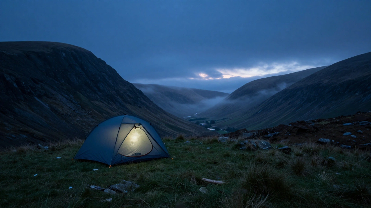 A small tent pitched on a misty hillside in the Snowdonia mountains at dawn.