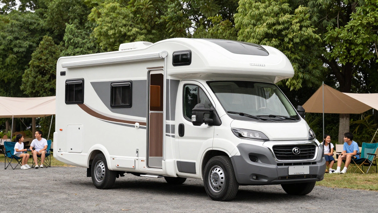 A white Class C motorhome parked at a family campsite with trees in the background.