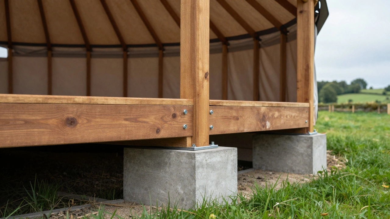 A wooden deck and concrete foundation being built under a yurt